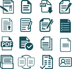 Document set of web icons in line style. Documents linear icon collection. Containing contract papers, folder, certificate, accept, approved, clipboard, invoice, archive and more.