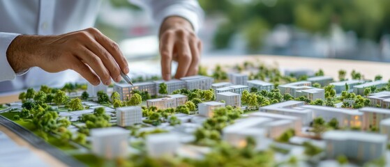 A detailed shot of an urban planner reviewing plans for a sustainable urban redevelopment project, Urban redevelopment scene, Eco-friendly urbanism style