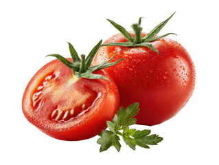 Fresh red tomato and half-cut showing inner texture, isolated on a Transparent background, PNG file.