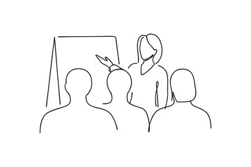 Woman giving presentation continuous line art business meeting
