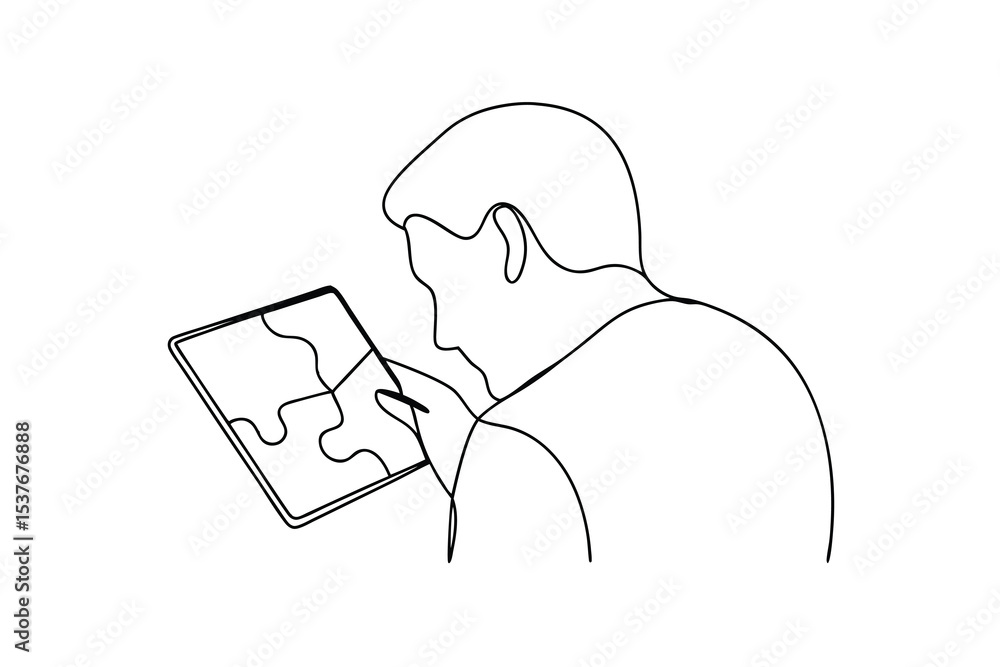 Poster man using tablet continuous line art minimalist design