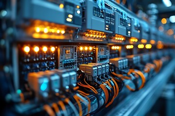 Detailed view of modern electrical control panel with illuminated indicators and wiring