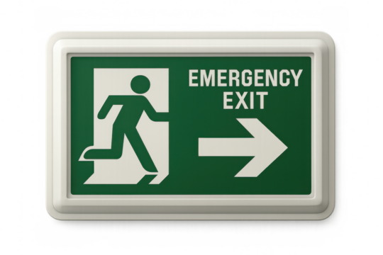 Green emergency exit sign with running man and arrow indicating escape route, isolated on transparent background