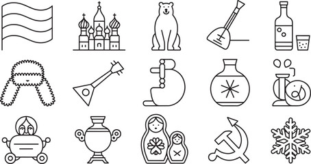 Traditional Russian Culture Line Icons, Showcasing Cultural and Historical Elements.