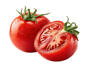 Fresh red tomato and half-cut showing inner texture, isolated on a Transparent background, PNG file.