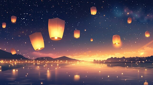 Many glowing paper lanterns float over a serene lake at twilight under a starry night sky