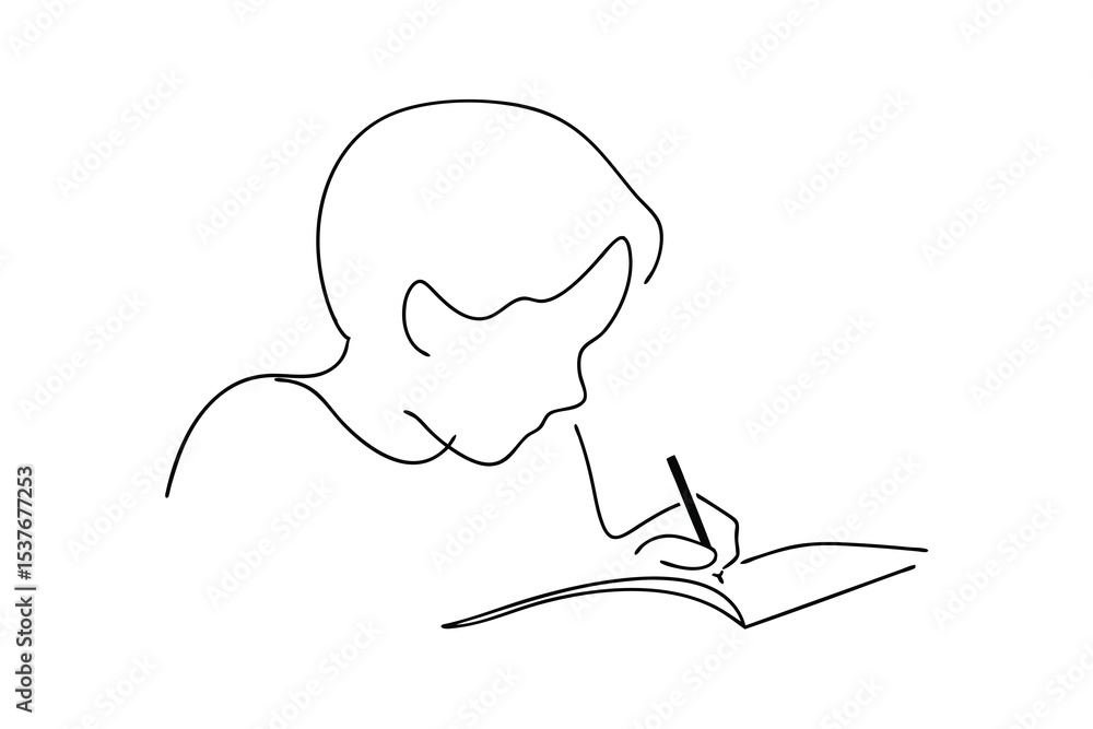 Aufkleber child writing in notebook continuous line art minimalist drawing