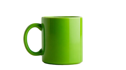 A vibrant green ceramic mug with a glossy finish sitting against a plain dark colored setting area on transparent background