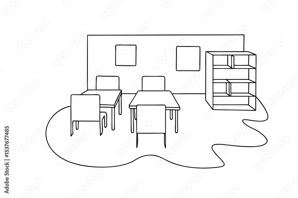 Poster simple continuous line art classroom illustration two tables chairs bookshelf