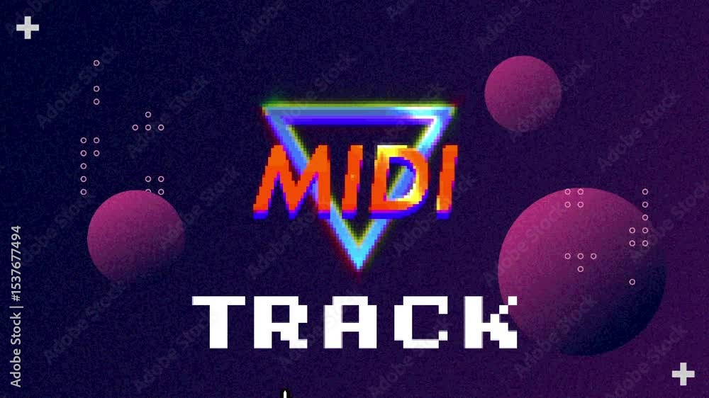 Poster animating graphics filling loading bar revealing midi logo and cursor clicking track text on screen