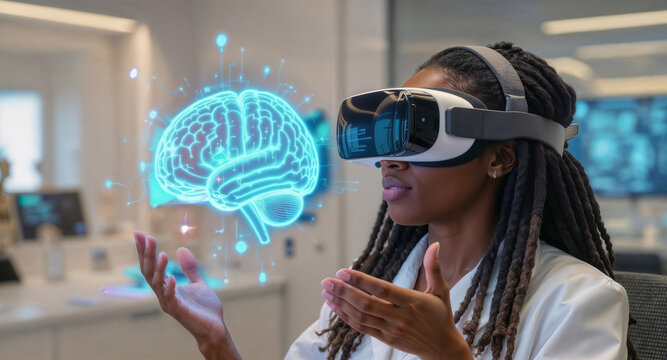 Female black doctor with dreadlocks wearing virtual reality headset interacting with holographic projection of human brain