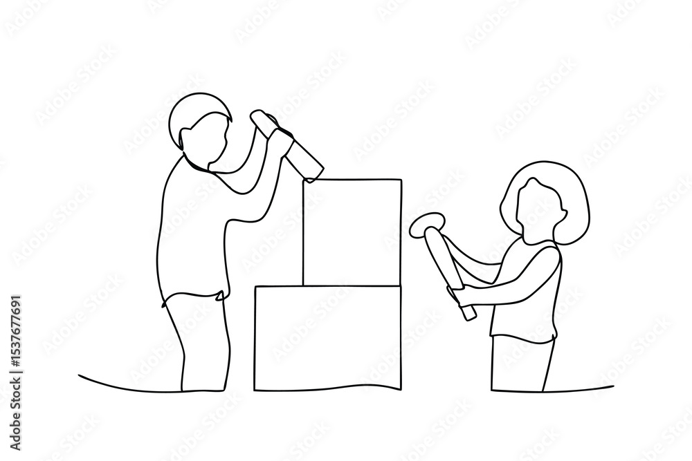 Poster children building block structure continuous line art illustration