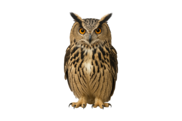Majestic Eurasian eagle owl with piercing orange eyes isolated on transparent background, detailed wildlife close-up for nature, animal, and educational projects