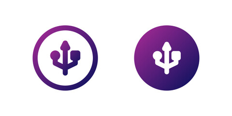 USB Symbol Icon Set. A purple gradient icon of a USB symbol, commonly used in interfaces for connectivity or data transfer.
