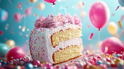 Slice of Birthday Cake with Candle and Colorful Balloons