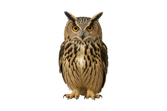 owl isolated on transparent background. High-resolution bird illustration for educational materials, wildlife design, or spooky Halloween themes