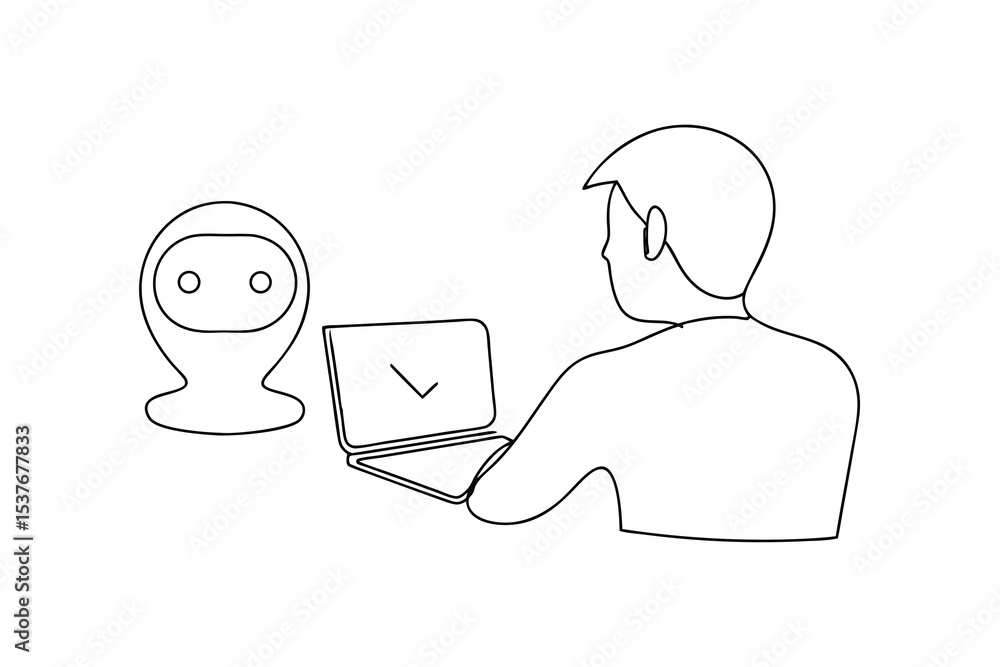 Poster man working on laptop with ai assistant continuous line art