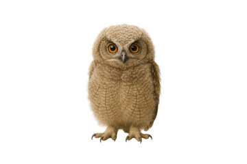 Baby owl standing on transparent background. Fluffy feathers and big round eyes showing natural cuteness. Perfect for educational materials, wildlife illustrations, and nature-themed designs