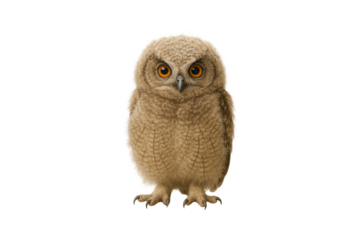 Baby owl standing on transparent background. Fluffy feathers and big round eyes showing natural cuteness. Perfect for educational materials, wildlife illustrations, and nature-themed designs