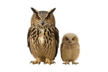 Adult and baby owl isolated on transparent background. High-resolution wildlife illustration perfect for educational content, forest animal themes, and family or parenting design projects