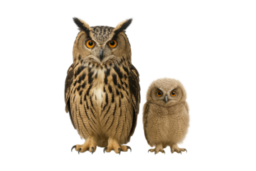 Adult and baby owl isolated on transparent background. High-resolution wildlife illustration perfect for educational content, forest animal themes, and family or parenting design projects