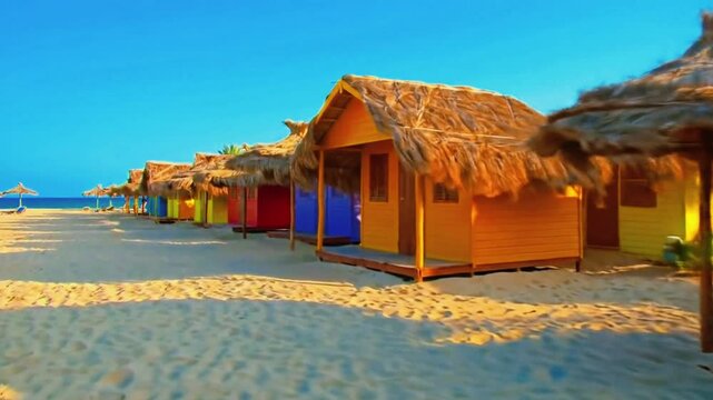 A row of colorful beach cabanas with thatched roofs