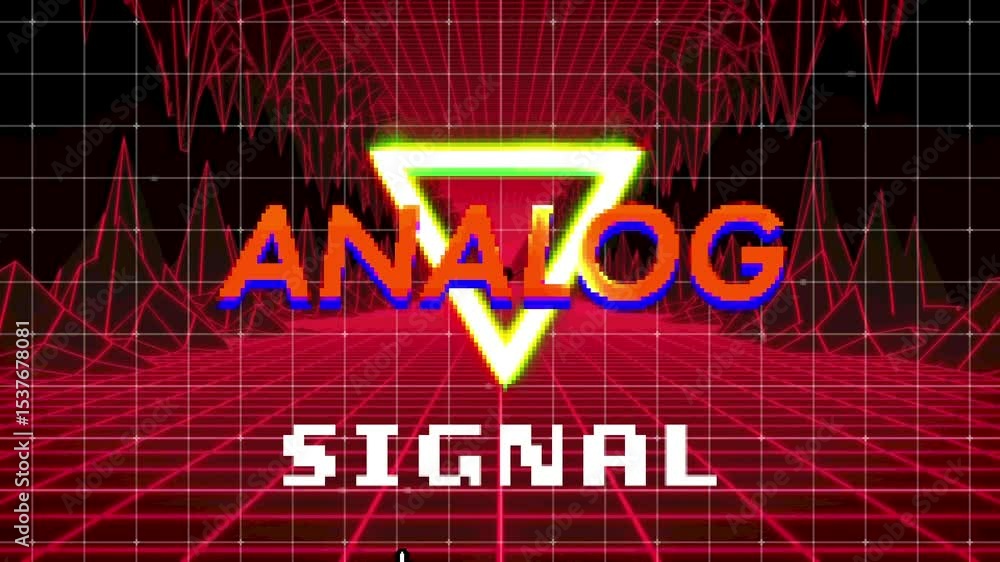 Poster after loading interface animating in grid tunnel showing analog signal with pulsing triangle, bar