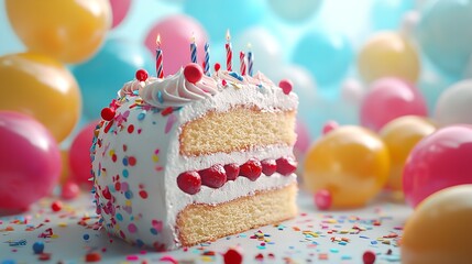 Slice of Birthday Cake with Candle and Colorful Balloons