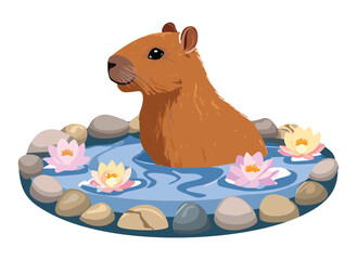 Capybara in Water with Lily Pads