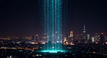 Futuristic data stream converging over a glowing cityscape at night