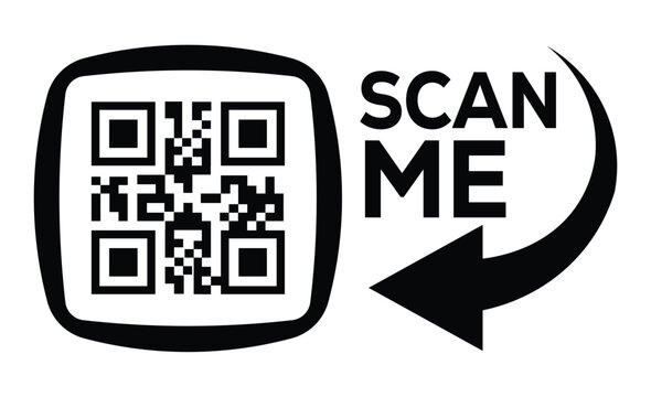 Minimalist black & white QR code centered left in thin frame. Bold "SCAN ME" text below. Curved black arrow points left towards code from right. Pure white background. Modern, clear graphic design