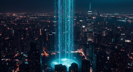 Futuristic Digital Data Stream Illuminating Night Cityscape Rendering