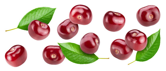 Flying cherry isolated on a white background. Cherry with leaves. Cherry clipping path