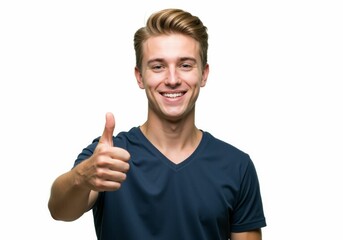 Naklejka premium Smiling young man giving a thumbs up, conveying positivity and encouragement with confidence, set against a clean white background
