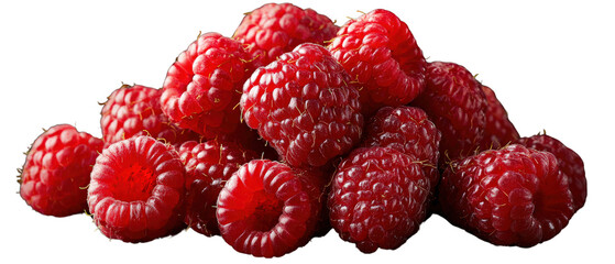 Fruit photography of ripe raspberries showing fine texture and light highlights, isolated on a Transparent background, PNG file.