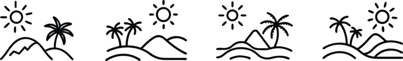 Minimal Tropical Beach Line Icon Set with Palm Trees, Island, and Nature Scenery, Vector Outline Icons of Sun, Simple Summer Beach Logo.
