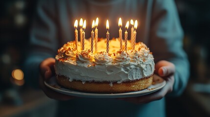 Birthday Cake with Lit Candles in Cozy Home Celebration