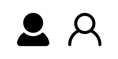 User Profile Account Icon Set. A black glyph and outline icon of a user profile, representing account details.