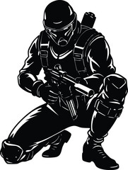 Tactical Soldier Silhouette with Rifle, Military Special Forces Vector Illustration