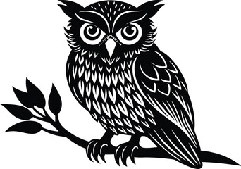 Stylized Owl on Branch, Black and White Vector Illustration