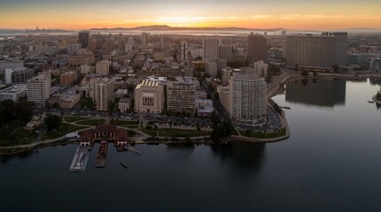 Aerial view of Lake Merritt, Oakland, California, USA, at sunrise. Lake Merritt is in the...