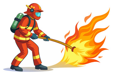 Fototapeta premium A courageous firefighter, fully equipped with a helmet and oxygen tank, bravely extinguishes a large, roaring fire with a hose.