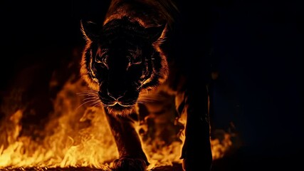 ominous presence of an animated tiger walking amid vivid flames emanating from the ground in a dark environment, enhanced with digital effects