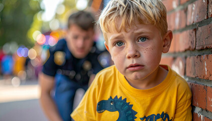 Closeup Portrait of Lost and Frightened Little Boy at Amusement Park as Security Comes Up to Hom from Behind 45