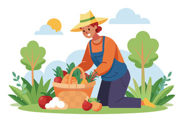 A joyful female farmer in a straw hat and overalls kneels in a field, harvesting fresh vegetables into a brimming basket, under a sunny sky.