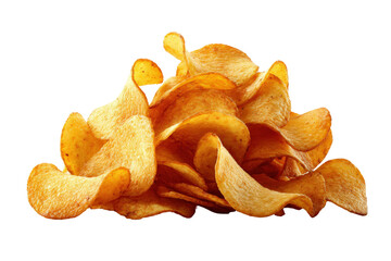 Golden brown thin potato crisps with realistic shadows, snack concept isolated on a Transparent background, PNG file.