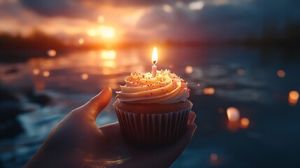 Hand Holding Cupcake with Lit Candle 