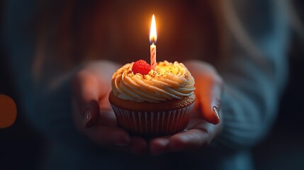 Hand Holding Cupcake with Lit Candle 