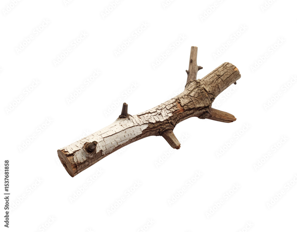 Poster isolated birch branch with textured bark and small twigs on transparent background