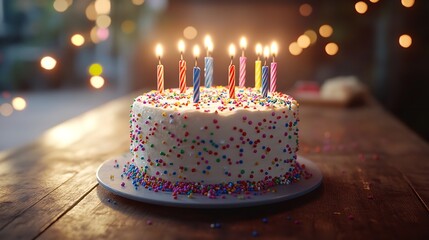 Birthday Cake with Lit Candles in Cozy Home Celebration